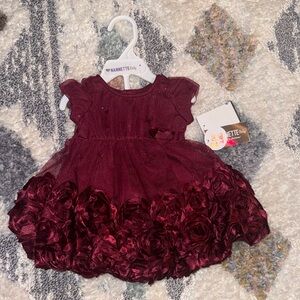 Nannette Burgundy Baby Dress with Rosette Skirt